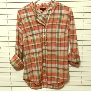 J Crew Ruffle Popover Shirt in Melon Plaid